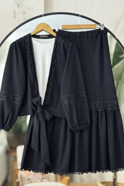 Ön bağlamalı Dantel Gecişli Etekli ikili Takım Siyah TCN40114