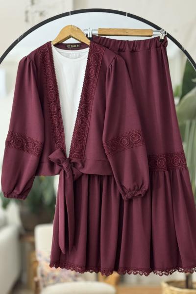 Ön bağlamalı Dantel Gecişli Etekli ikili Takım Bordo TCN40114
