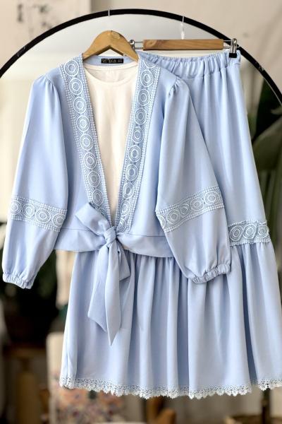 Ön bağlamalı Dantel Gecişli Etekli ikili Takım Mavi TCN40114