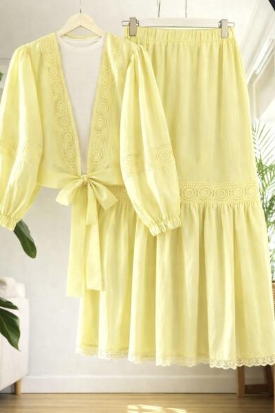 Ön bağlamalı Dantel Gecişli Etekli ikili Takım Sarı TCN40114