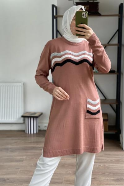 Ön cep örgülü triko tunik Gül ANT1361