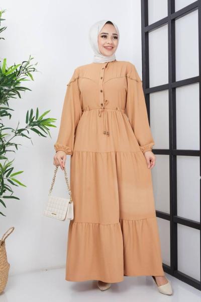 Ön dantelli ayrobin kiloş elbisesi Camel  ASM3072