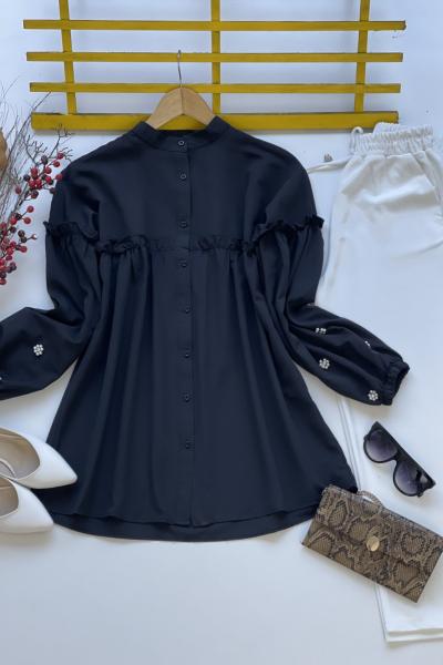 Ön fırfır kol taşlı poplin tunik Siyah  SLT3080