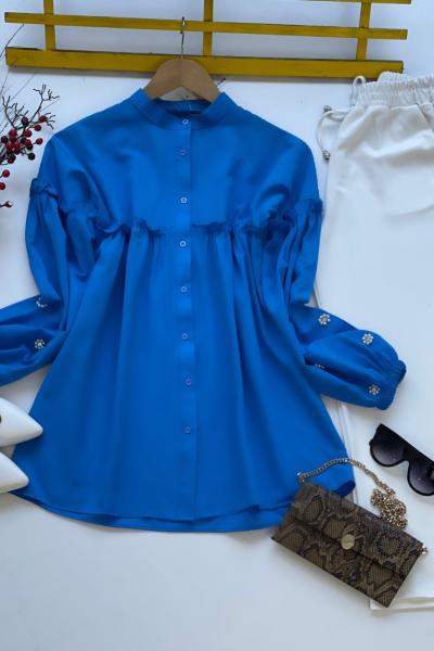 Ön fırfır kol taşlı poplin tunik saks   SLT3080