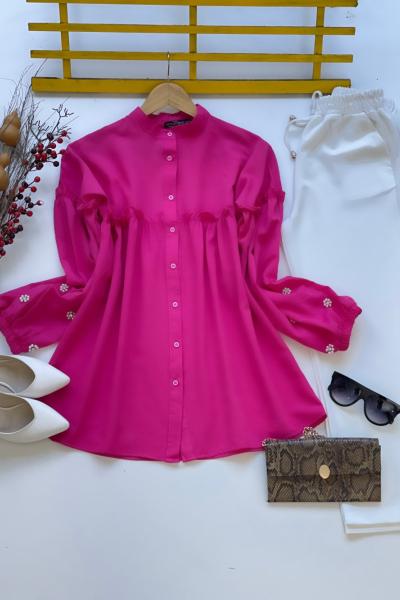 Ön fırfır kol taşlı poplin tunik fuşya   SLT3080