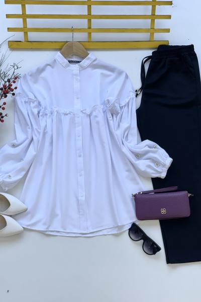 Ön fırfır kol taşlı poplin tunik Beyaz   SLT3080