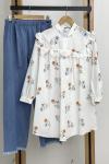 Ön firfirlı Terikoton kumaş çiçekli tunik BeyazFix1580