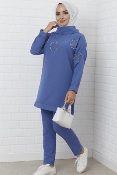 Ön inci detaylı balıkçı yaka takım mavi   TBL820