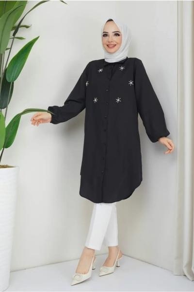 Ön incili uzun tunik  Siyah NEW3089