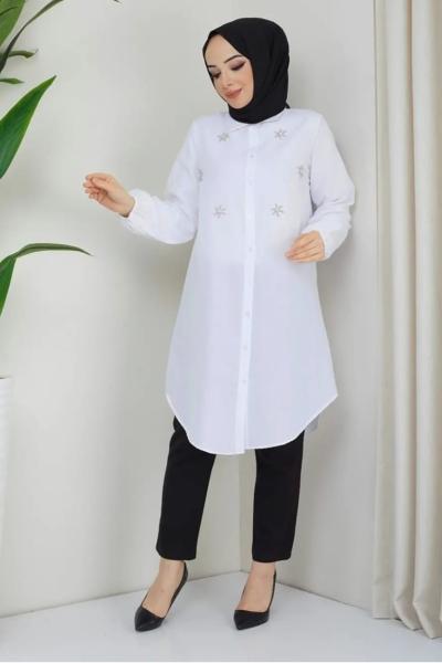 Ön incili uzun tunik  beyaz  NEW3089