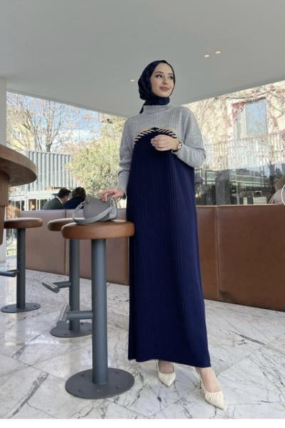 Ön nakış işleme triko elbise GRİ LACİVERT  TCN4034