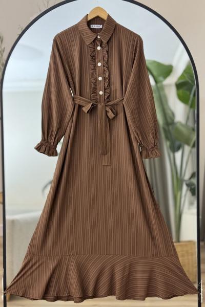 Ön patlı Fırfırlı elbise Kahverengi KRN8014