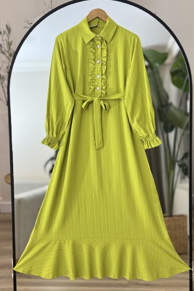 Ön patlı Fırfırlı elbise Yağyeşil KRN8014