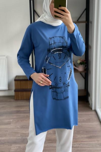 Ön saat baskılı yanları yırtmaçlı tunik  mavi Slt1823
