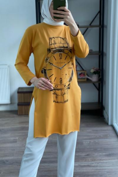 Ön saat baskılı yanları yırtmaçlı tunik slt1823