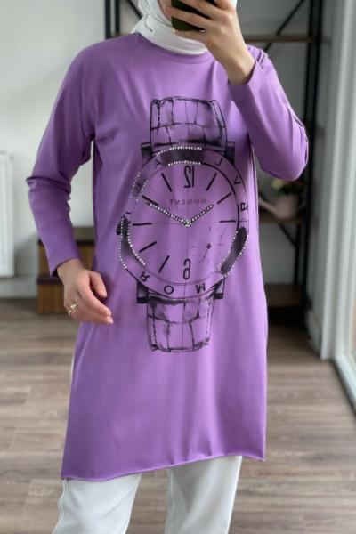 Ön saat baskılı yanları yırtmaçlı tunik Slt1823