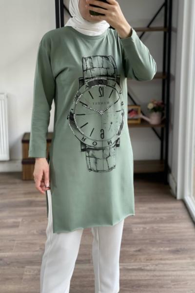 Ön saat baskılı yanları yırtmaçlı tunik Slt1823