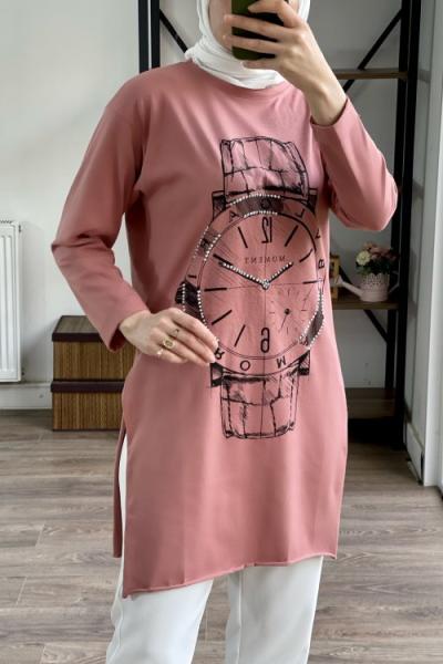 Ön saat baskılı yanları yırtmaçlı tunik Slt1823