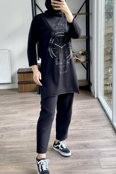 Ön saat baskılı yanları yırtmaçlı tunik Slt1823