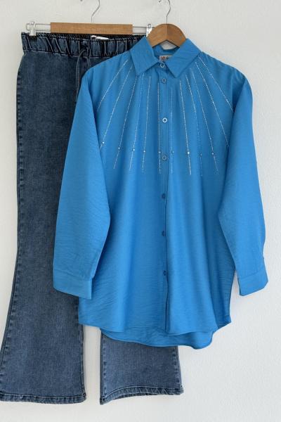 Ön Taş İşlemeli keten ayrobin Tunik Mavi DST30235