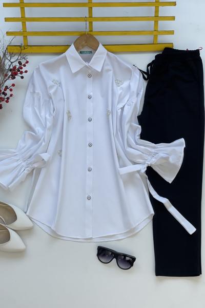 Ön taş işleme kol bağcıklı tunik Beyaz  SLT3081