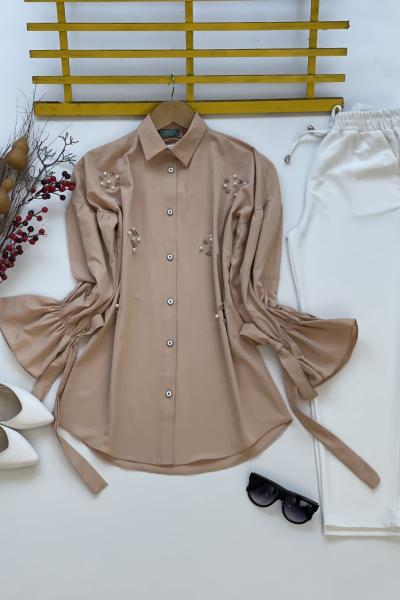 Ön taş işleme kol bağcıklı tunik Bej 5  SLT3081