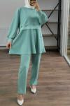 Öntüldetaylı Scuba KrepKumaş Takım Mint  TCN1542