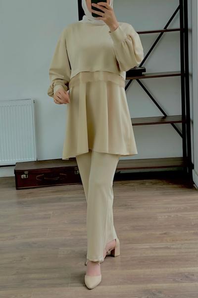 Öntüldetaylı Scuba KrepKumaş Takım Bej TCN1542