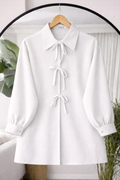 Önü Açık Bağcıklı Tunik Beyaz  BK9544