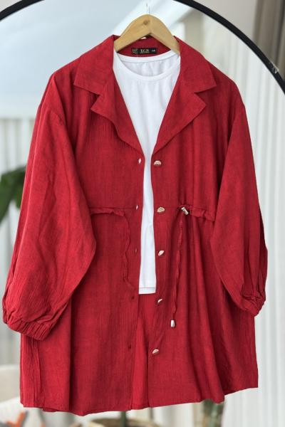 Önü bağcıklı düğmeli ceket Kap Bordo  TCN4096