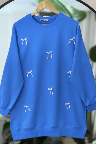 Önü Boncuk  fiyonklu  İki iplik Tunik  Mavi DST2031