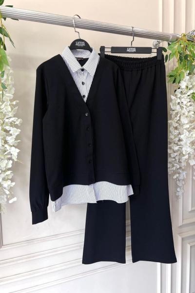 Önü düğmeli Çizgili garnili Takım Siyah UMS50232