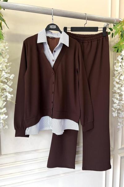 Önü düğmeli Çizgili garnili Takım kahve UMS50232