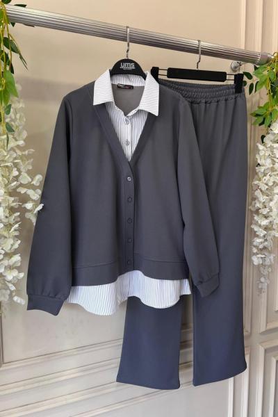 Önü düğmeli Çizgili garnili Takım antrasit UMS50232