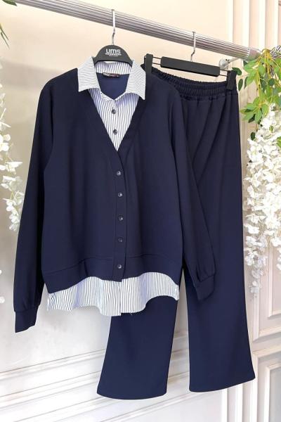 Önü düğmeli Çizgili garnili Takım Lacivert UMS50232