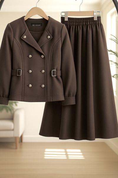 Önü  düğmeli Kırvrık Yaka etek ceket Takım Kahve TCN40146