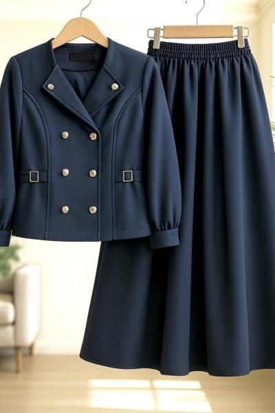 Önü  düğmeli Kırvrık Yaka etek ceket Takım Lacivert TCN40146