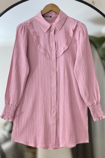 Önü fırfırlı Kol lastik şeritli Tunik Gül NEW6045