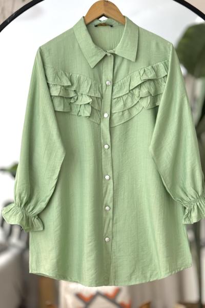 Önü Fırfırlı Metal Düğmeli Tunik Yeşil TCN4092