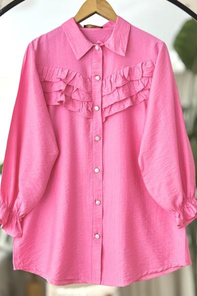 Önü Fırfırlı Metal Düğmeli Tunik Pembe TCN4092