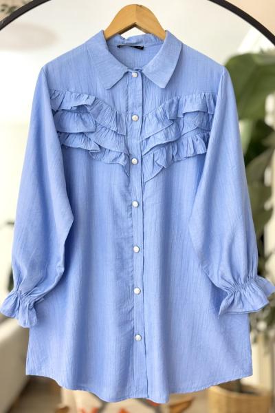 Önü Fırfırlı Metal Düğmeli Tunik Mavi TCN4092