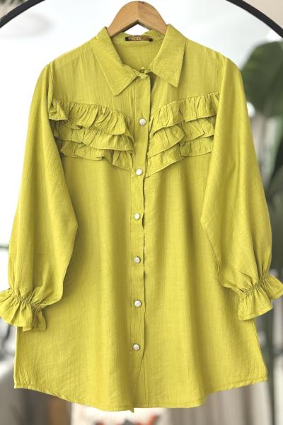 Önü Fırfırlı Metal Düğmeli Tunik Yağyeşil TCN4092