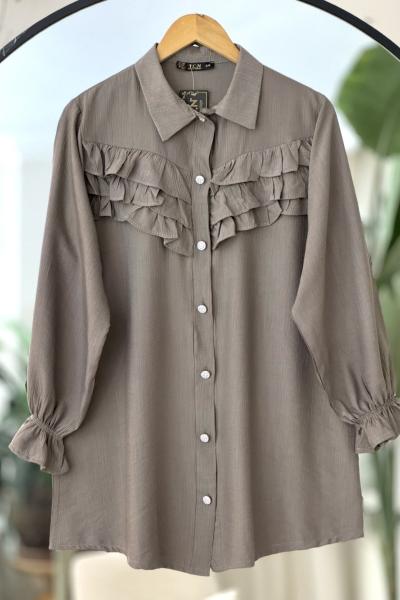 Önü Fırfırlı Metal Düğmeli Tunik Vizon TCN4092