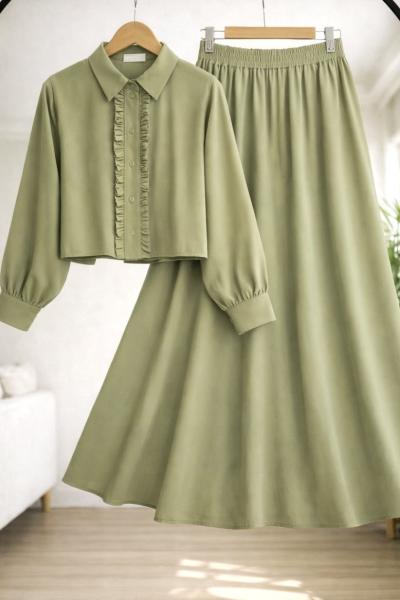 Önü fırfırlı Etek Gömlek Takım Yeşil TCN50156