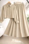 Önü fırfırlı Etek Gömlek Takım Bej  TCN50156