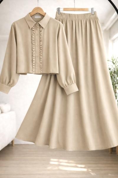 Önü fırfırlı Etek Gömlek Takım Bej  TCN50156