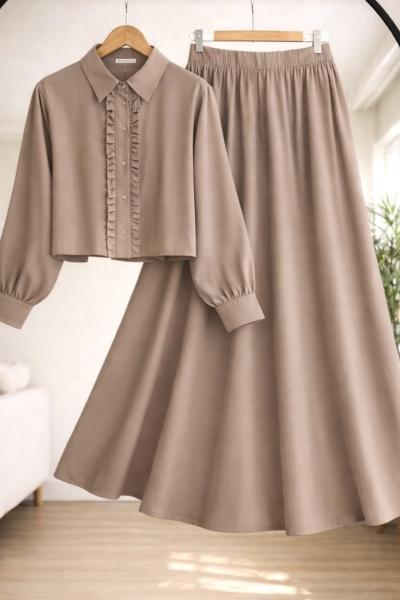 Önü fırfırlı Etek Gömlek Takım vizon TCN50156