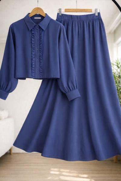 Önü fırfırlı Etek Gömlek Takım indigo TCN50156