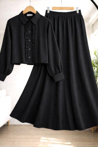 Önü fırfırlı Etek Gömlek Takım Siyah TCN50156