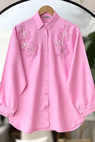 Önü nakış be taş işlemeli tesettür gömlek  Pembe DST2044